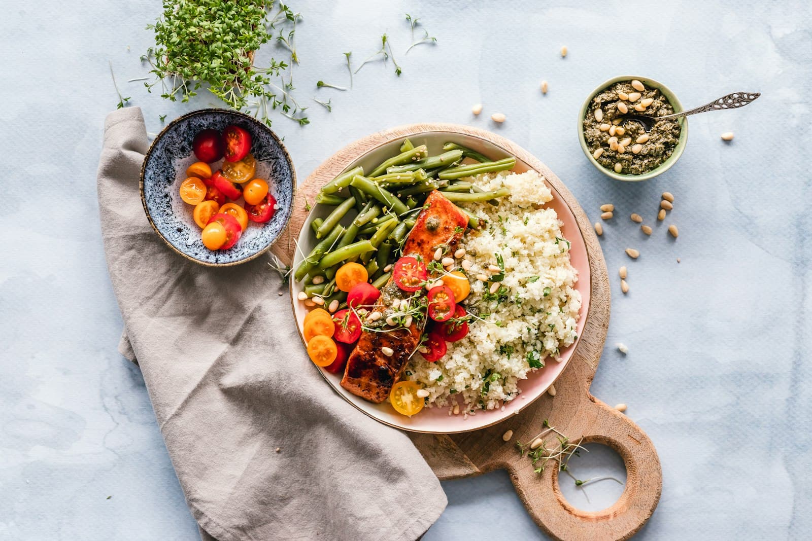 An assortment of affordable high-protein foods including eggs and beans